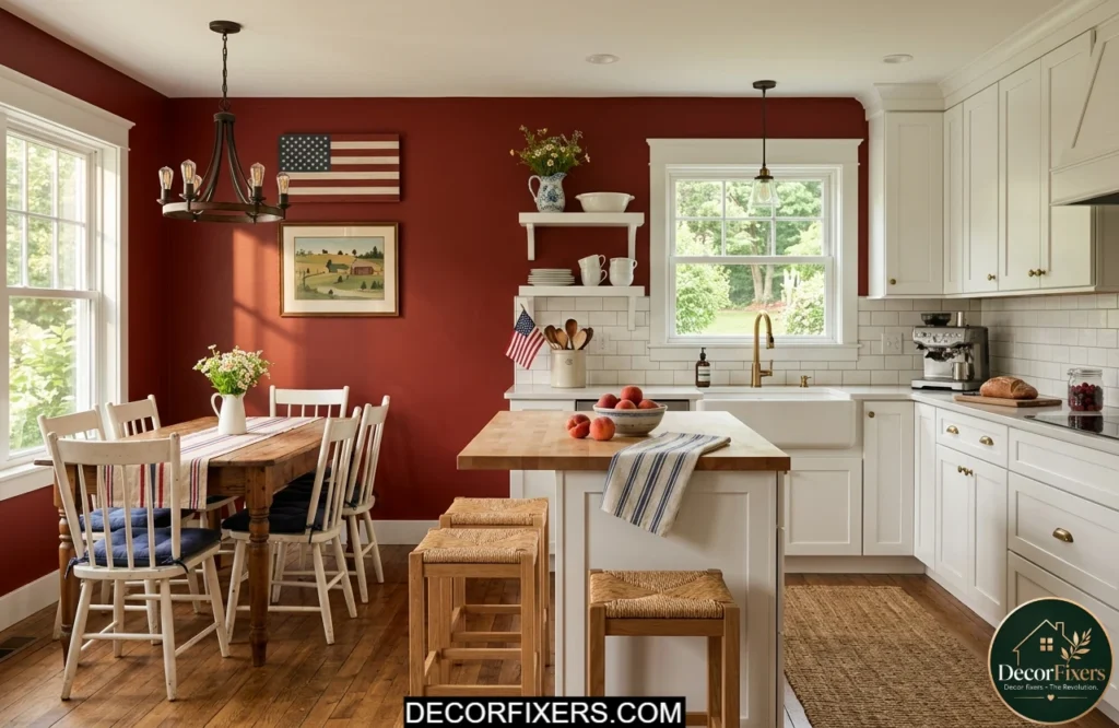 Kitchen with a bold red accent wall creating a patriotic Independence Day atmosphere.