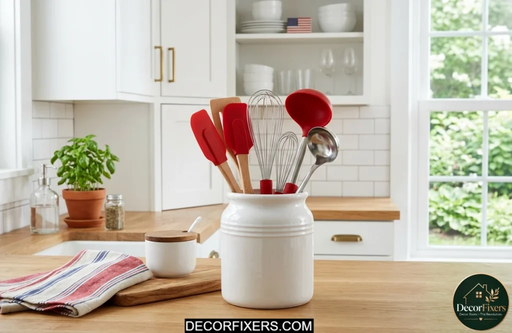 Red-handled kitchen tools arranged inside a white ceramic utensil jar on a counter.