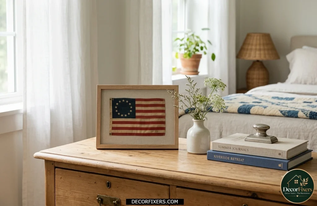 4th of July bedroom with red ribbon curtain tiebacks