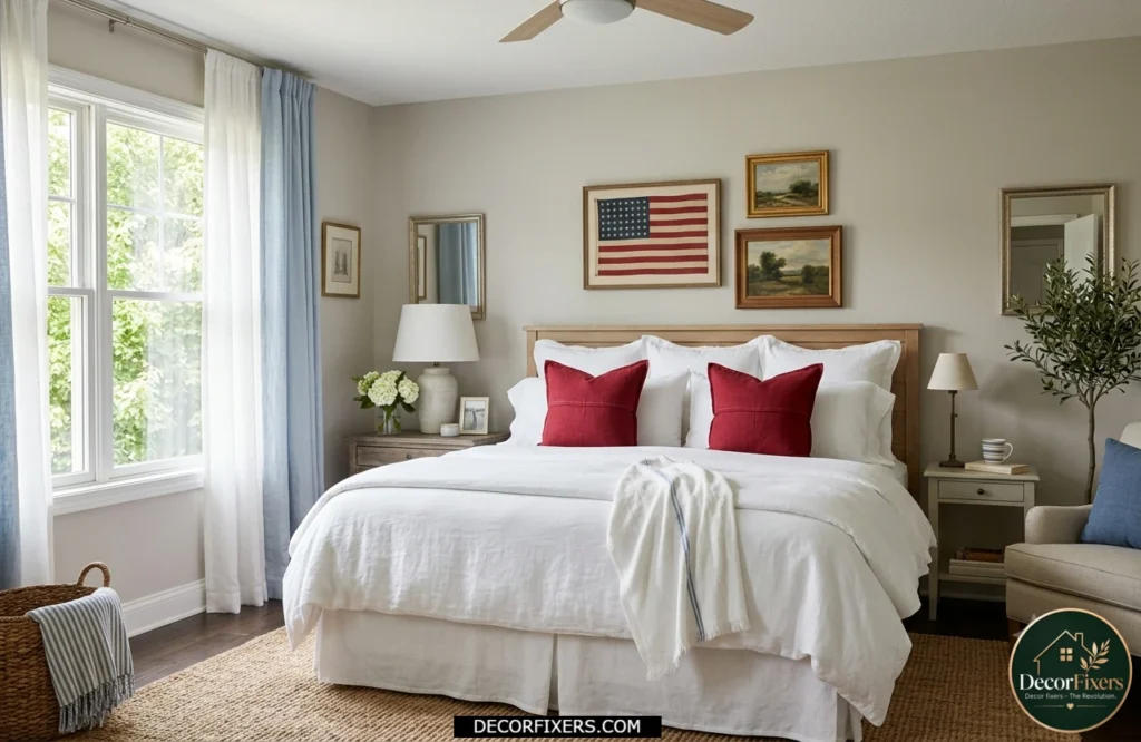 4th of July bedroom decorated with two red throw pillows