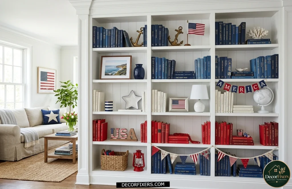 4th of July bookshelf styled with red white and blue color-blocked books and decor.