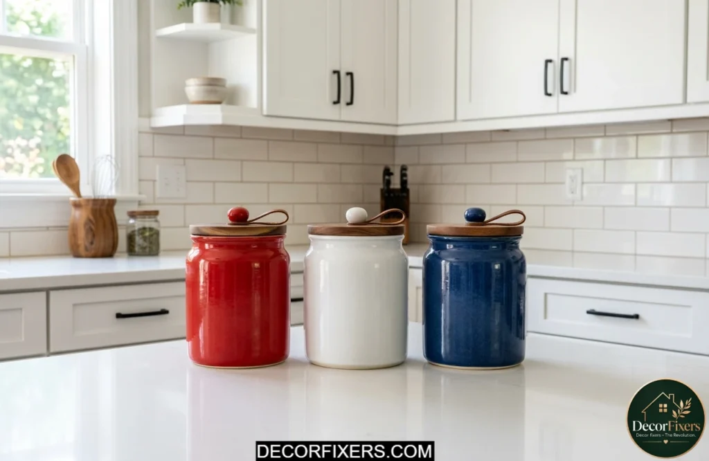 Red white and blue ceramic canisters displayed together on a kitchen countertop.
