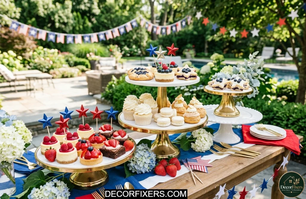 Patriotic dessert table arranged with red white and blue treats on elegant tiered serving stands for a 4th of July party.