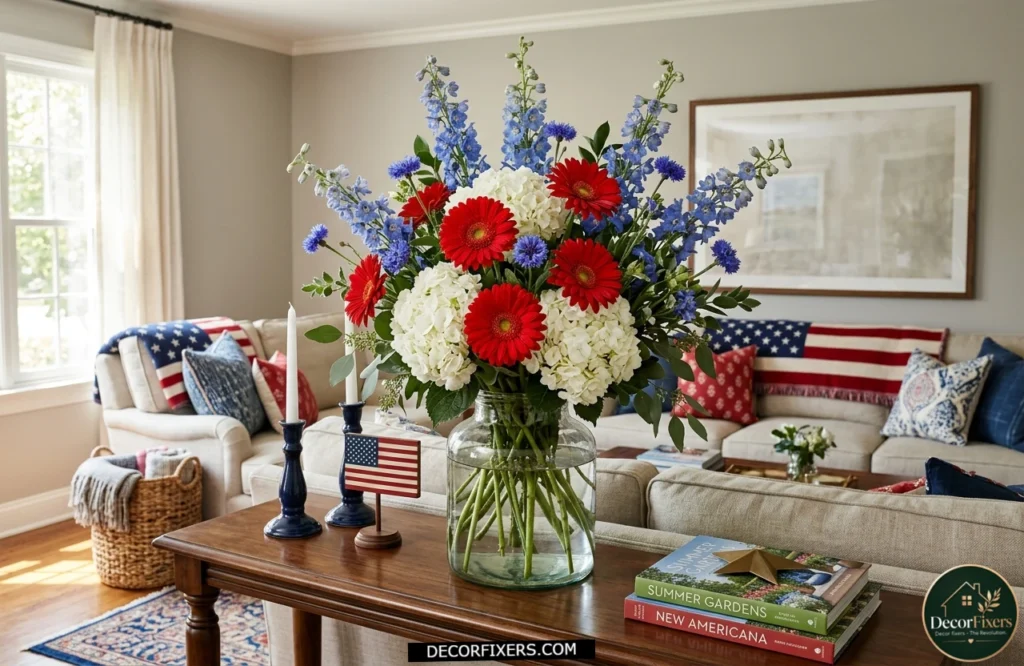 4th of July red white and blue floral arrangement with hydrangeas, daisies, and delphinium.