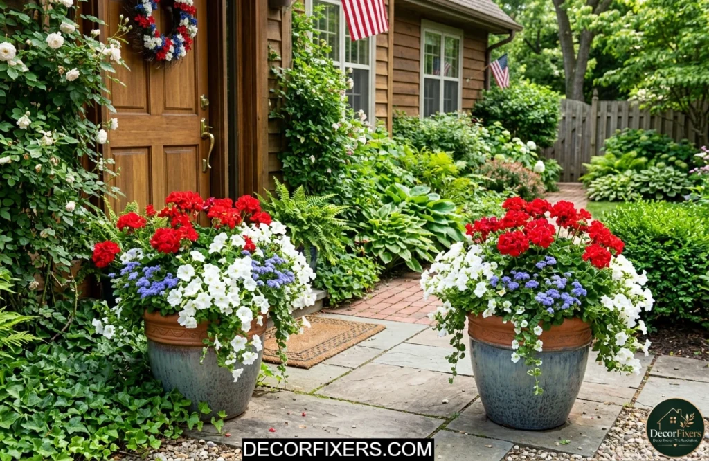 Patriotic flower planters filled with red geraniums white petunias and blue blooms for 4th of July backyard decorating.