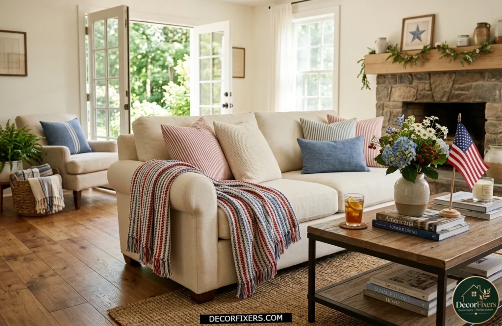 4th of July red and white striped woven throw blanket styled on a neutral sofa.
