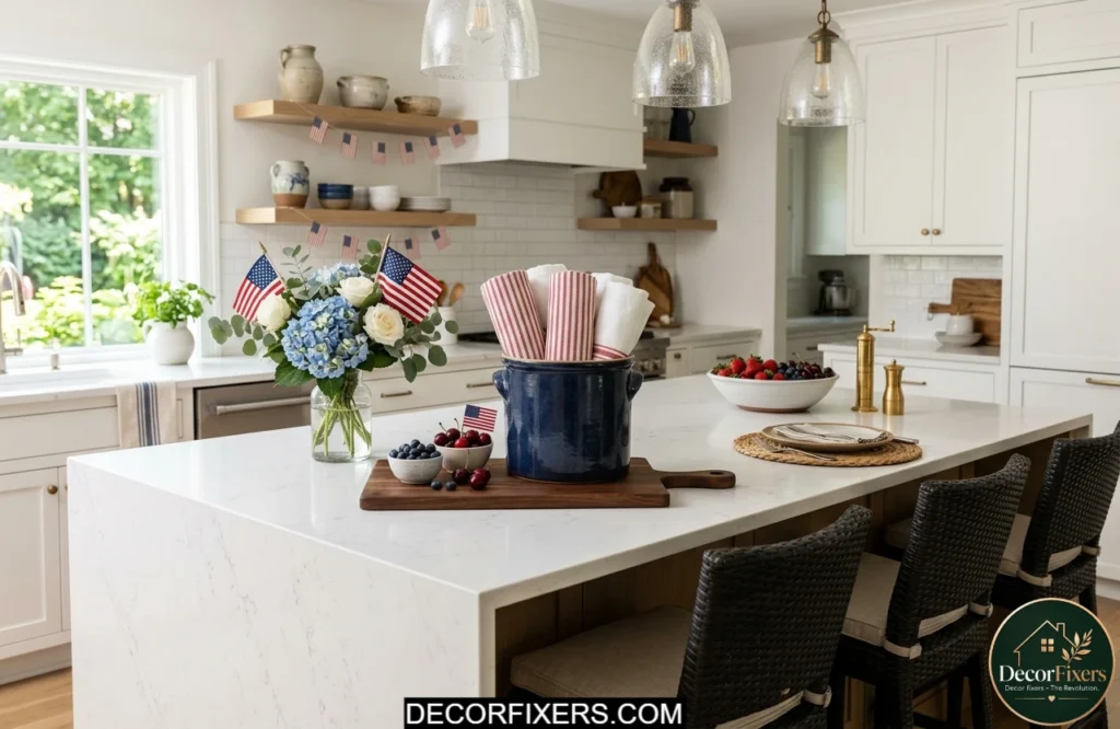 Red and white striped kitchen towels displayed in a navy ceramic container on a kitchen island.