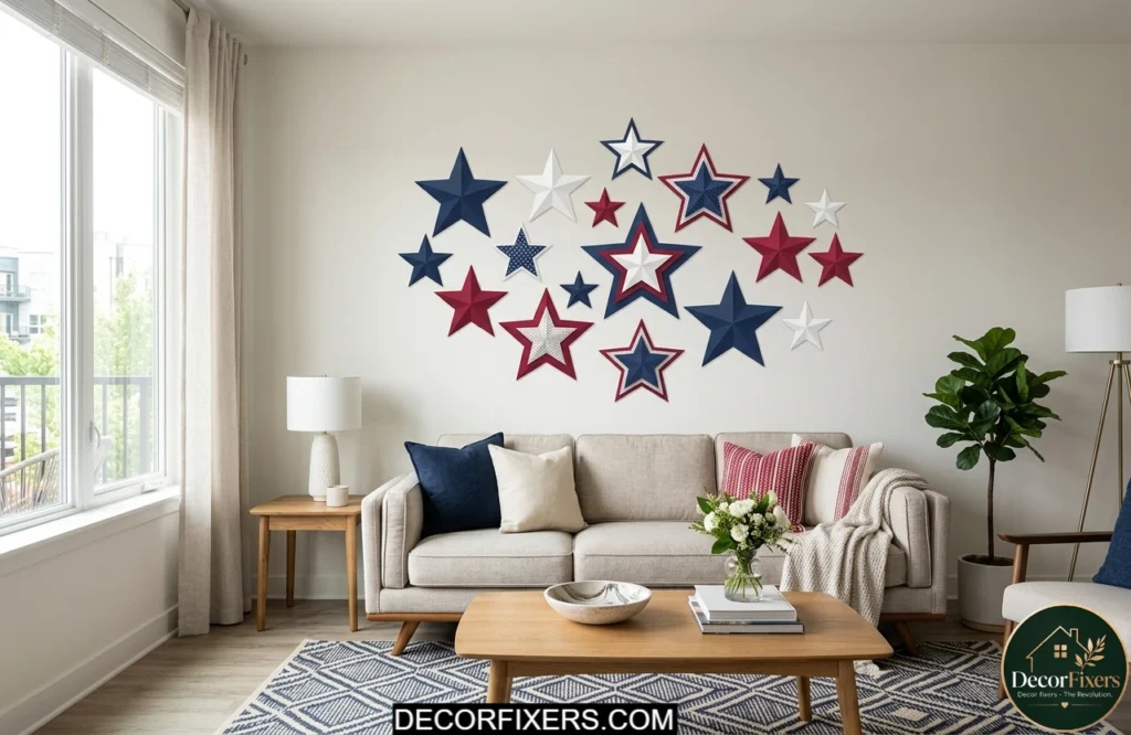 Removable patriotic wall decals arranged in a living room