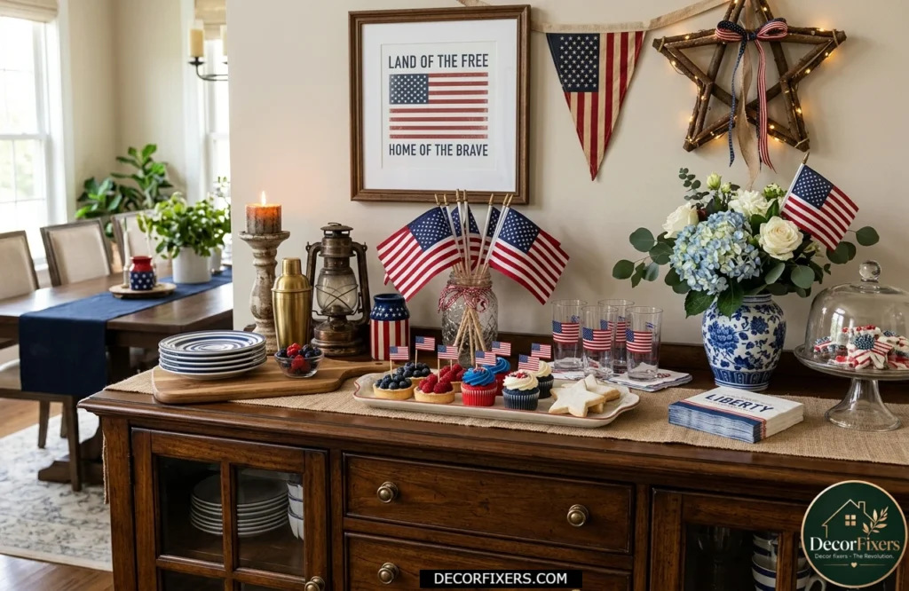 Patriotic sideboard styled with flags, tumblers, desserts, and Americana decor accents