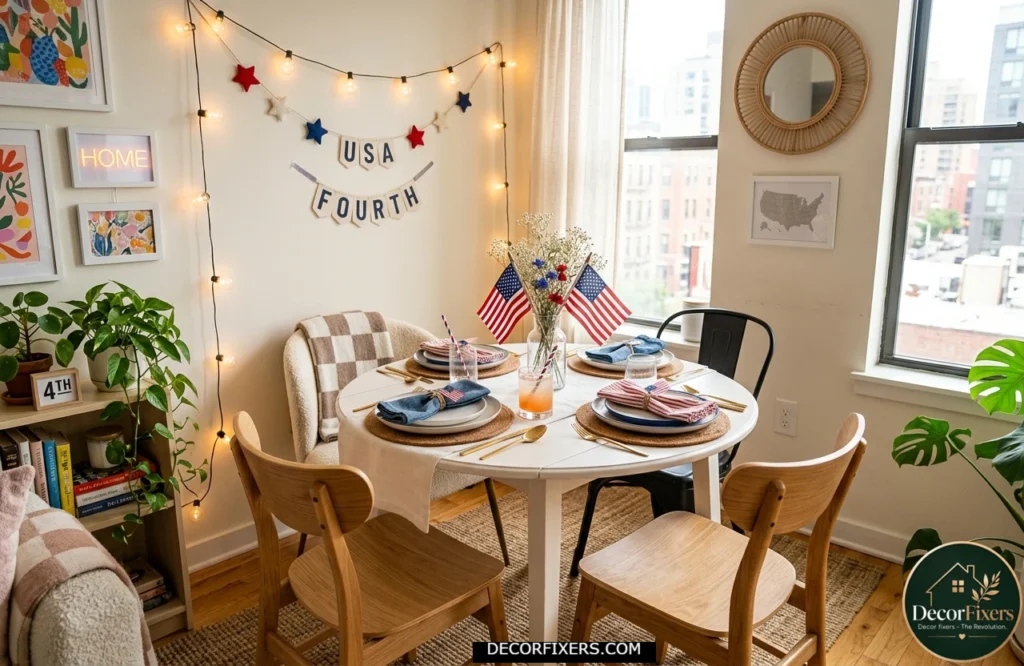 Gen Z inspired small apartment dining nook decorated with scale-appropriate patriotic accents