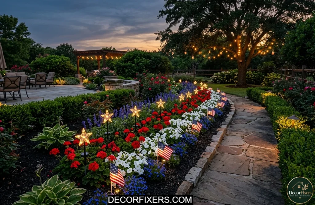 Solar-powered patriotic garden lights illuminating flower beds during a 4th of July backyard celebration.