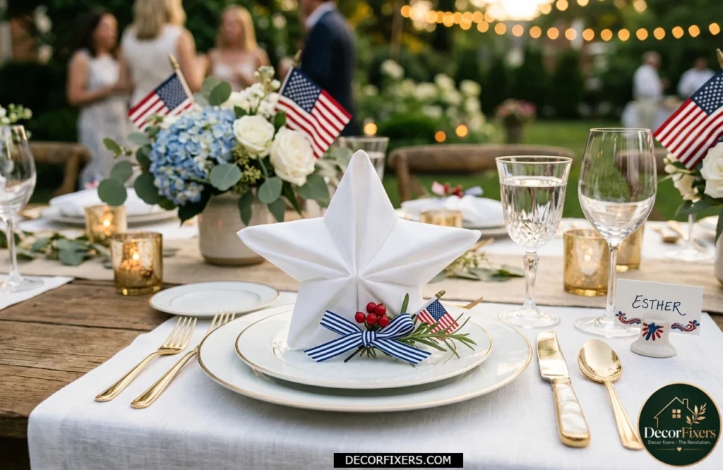 Linen napkins folded into decorative stars for an elegant Independence Day place setting