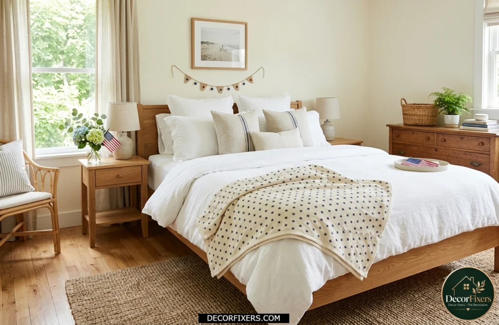 4th of July bedroom with star print throw blanket at the foot of the bed