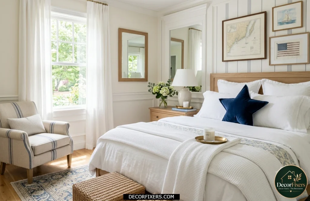 4th of July bedroom with a navy star shaped pillow