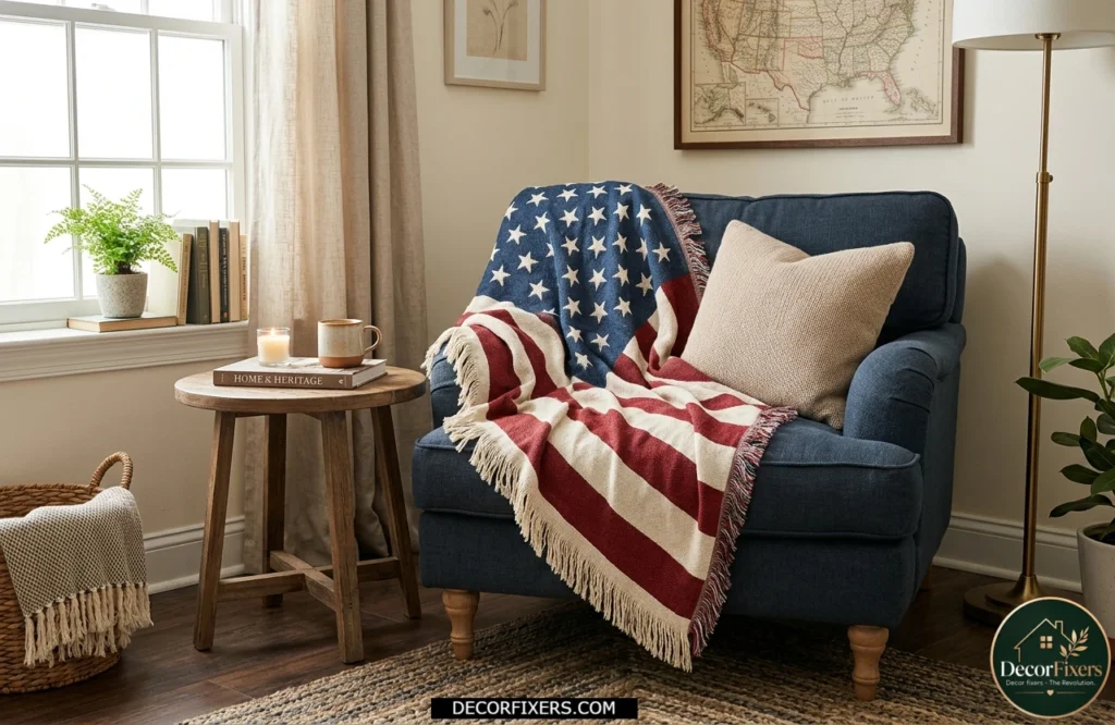 4th of July stars and stripes throw blanket draped over a cozy living room armchair
