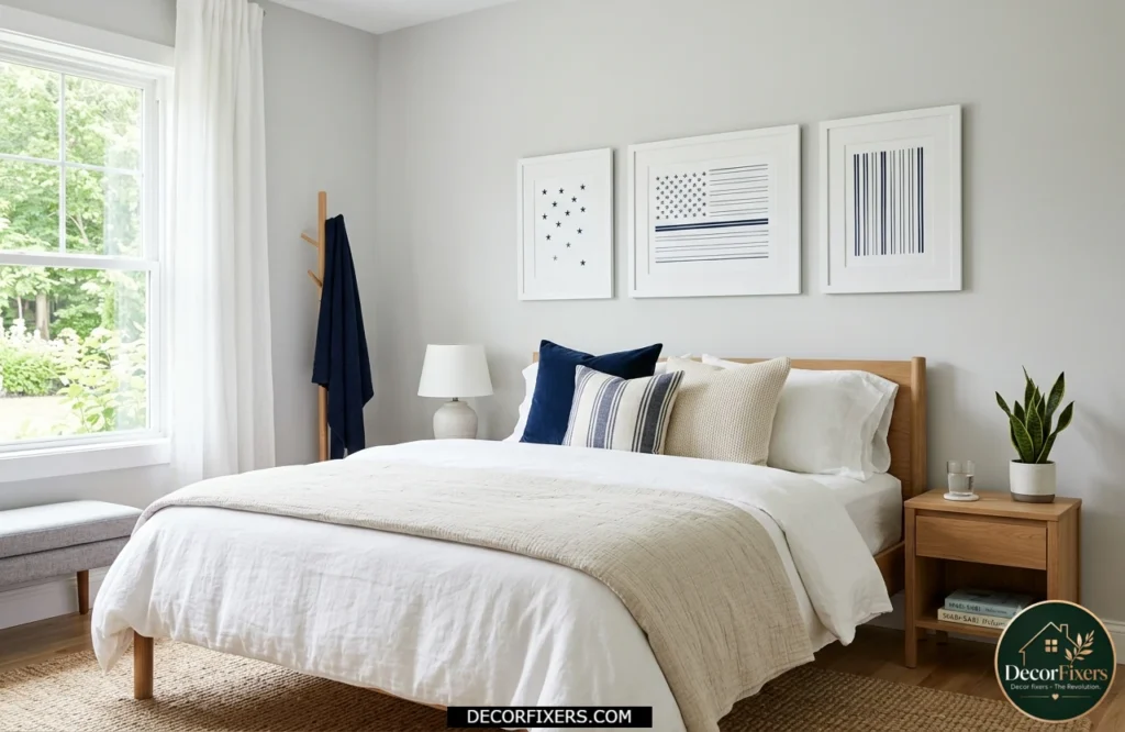 4th of July bedroom with framed stars and stripes wall art