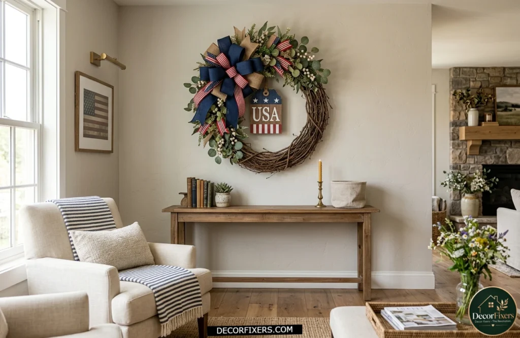 4th of July patriotic wreath with stars and stripes displayed on an interior living room wall.