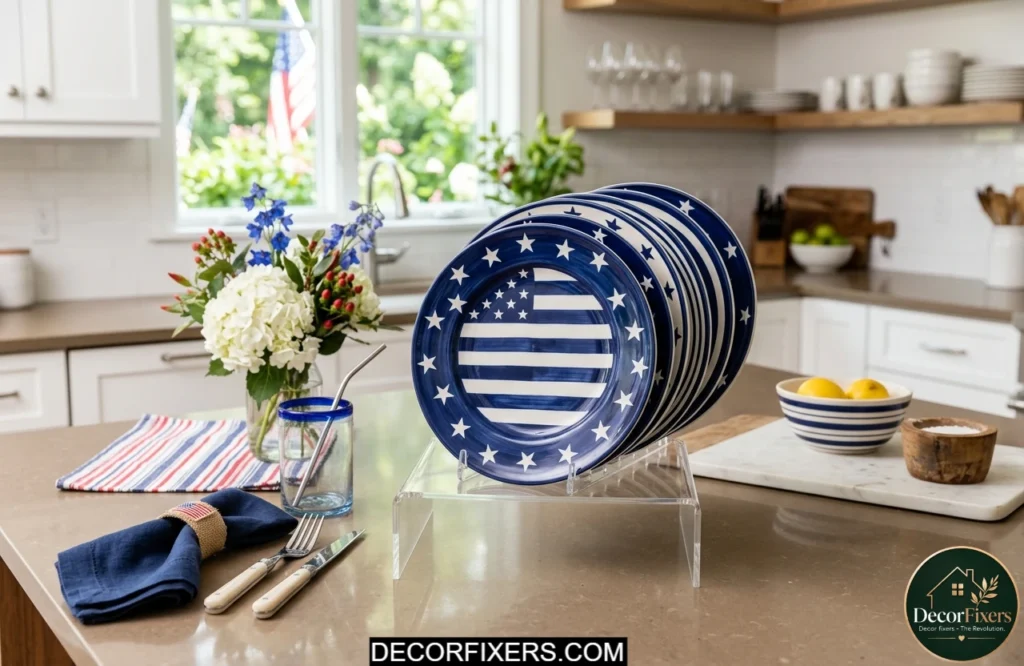 Patriotic stars and stripes dinner plates displayed on a kitchen island stand.