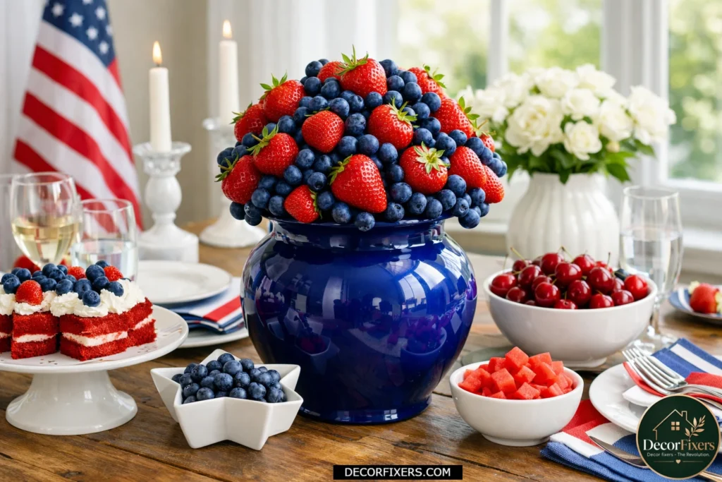 Fresh strawberry and blueberry centerpiece displayed in a blue vase on a holiday dining table