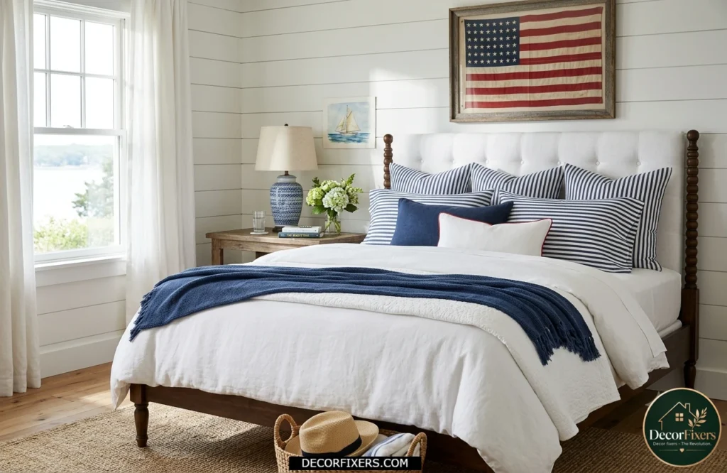4th of July bedroom styled with navy and white striped pillowcases