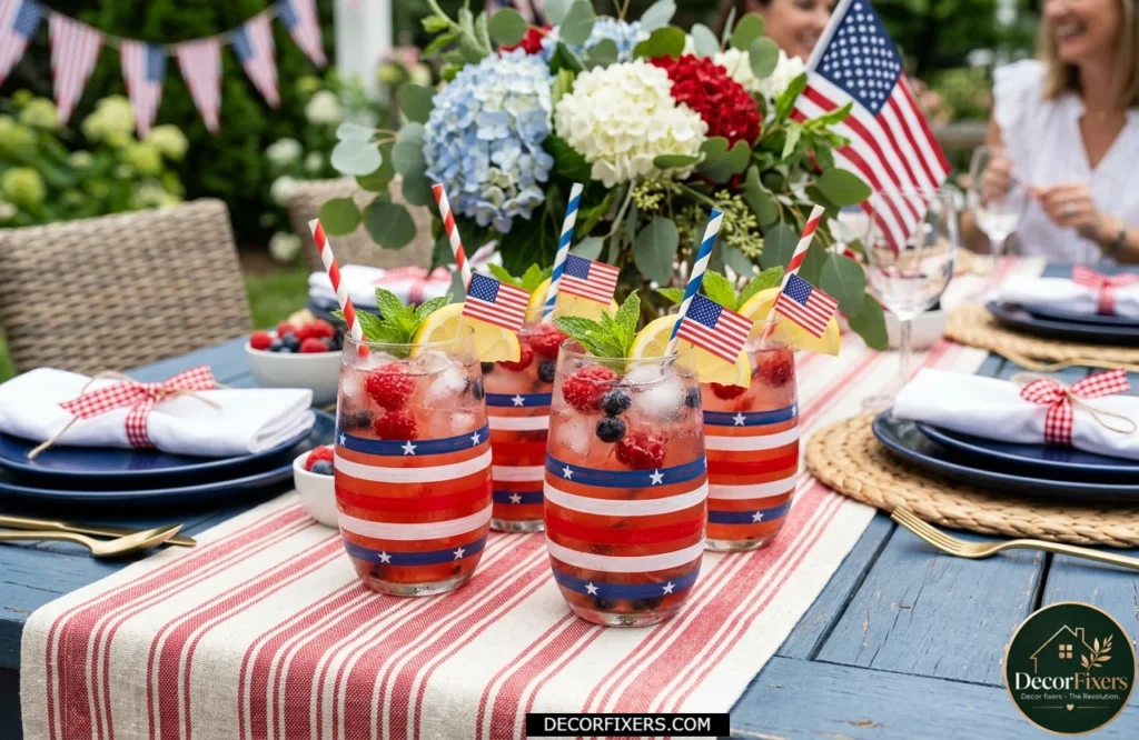 Patriotic striped tumblers arranged on a festive Independence Day dining table
