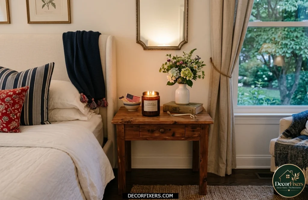 4th of July bedroom styled with a summer scented candle