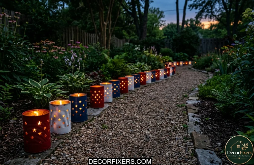 Tin can luminary pathway lights glowing on a 4th of July evening