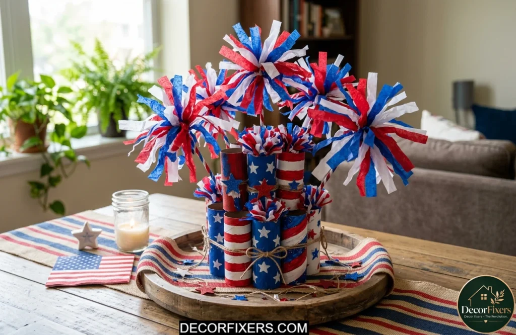 DIY firework centerpiece made from painted toilet paper rolls
