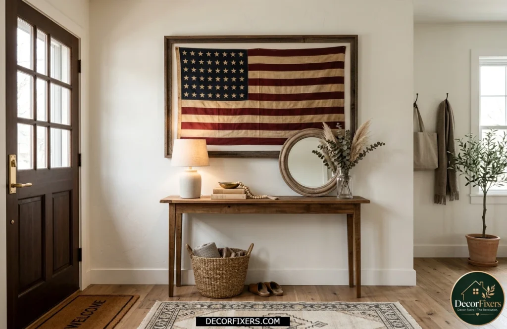 4th of July entryway decorated with vintage American flag wall art and a farmhouse console table
