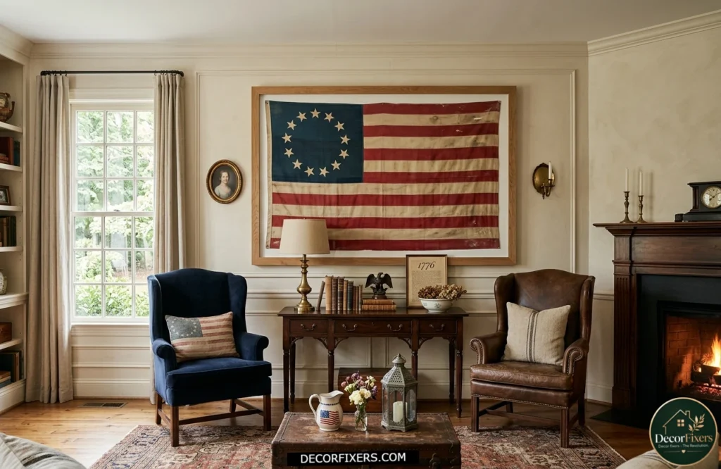 4th of July vintage American flag displayed as framed wall art in a living room.