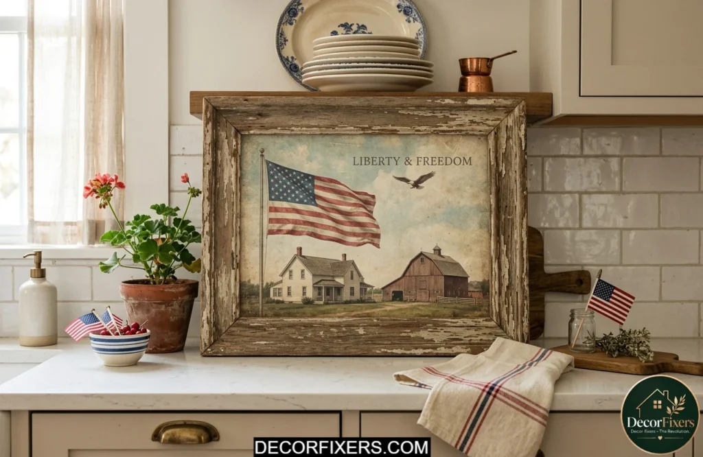 Framed vintage Americana artwork displayed on a kitchen countertop for Independence Day.