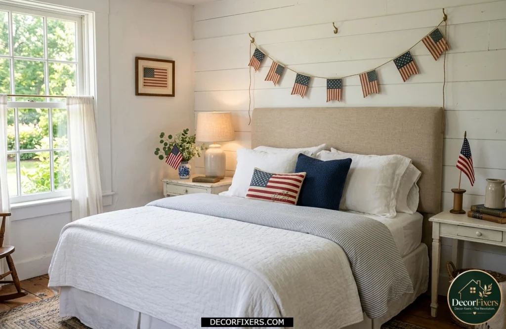 4th of July bedroom featuring vintage bunting garland above the headboard