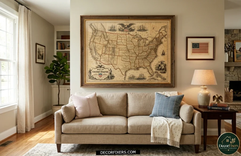 4th of July vintage United States map framed as patriotic living room wall art.
