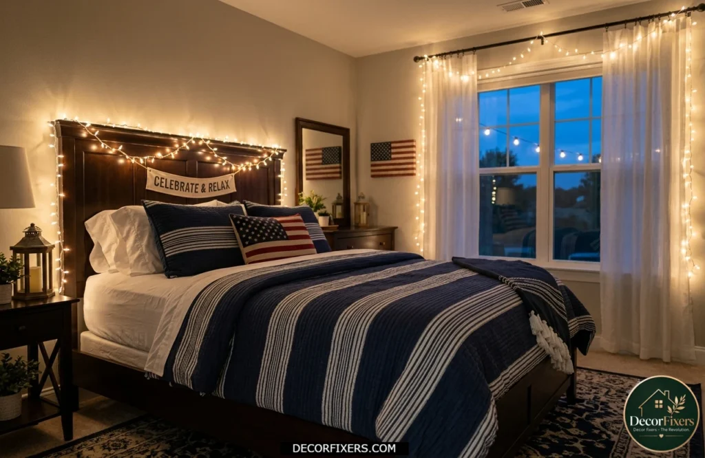 4th of July bedroom decorated with warm white fairy lights