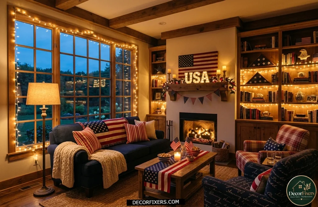 4th of July living room illuminated with warm white string lights for a cozy evening atmosphere.