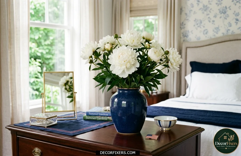 4th of July bedroom featuring white flowers in a blue vase