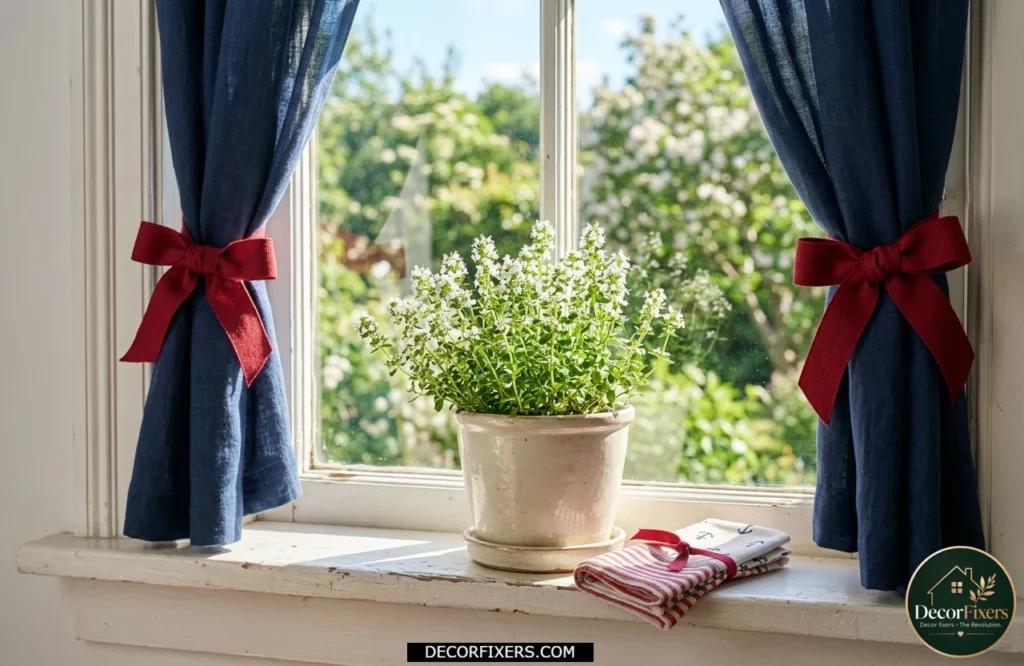 4th of July bedroom windowsill decorated with a white flowering herb plant