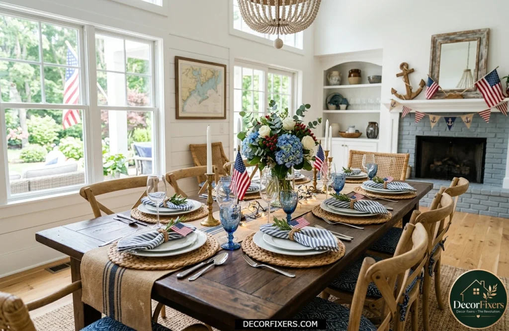 Woven wicker placemats layered beneath patriotic dishes on a summer dining table