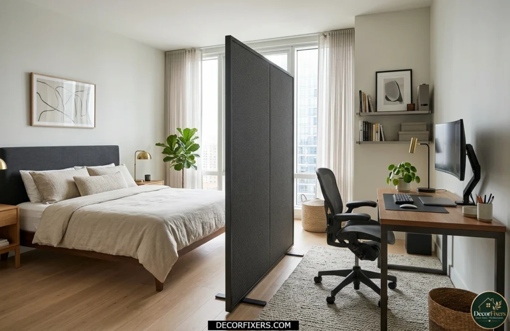 Acoustic panel divider providing visual and sound privacy in a bedroom