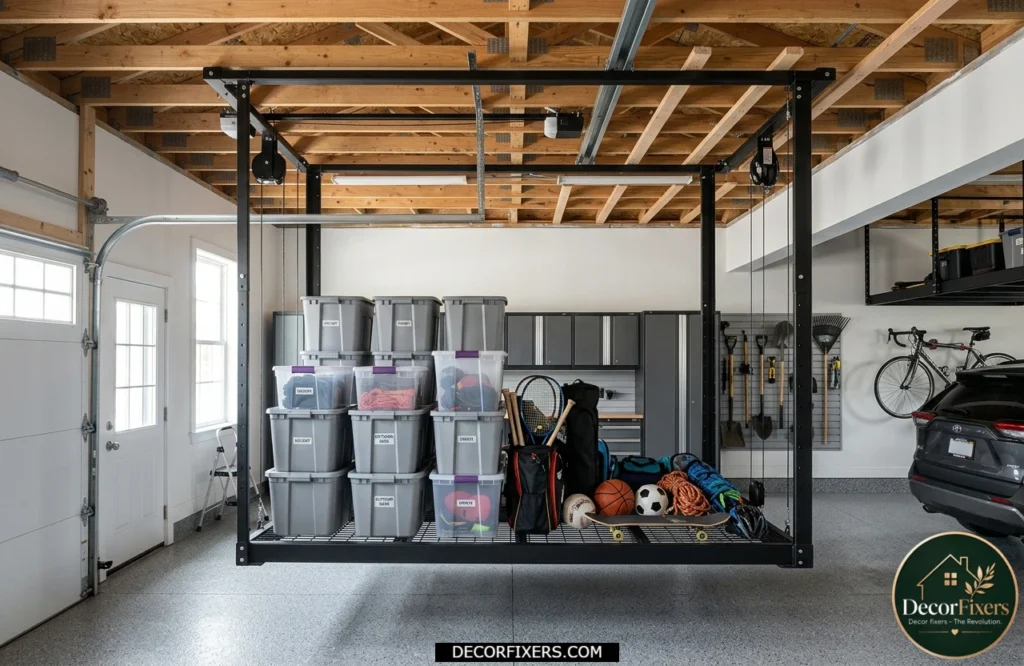 Adjustable-height steel storage platform installed on a garage ceiling with organized storage containers.