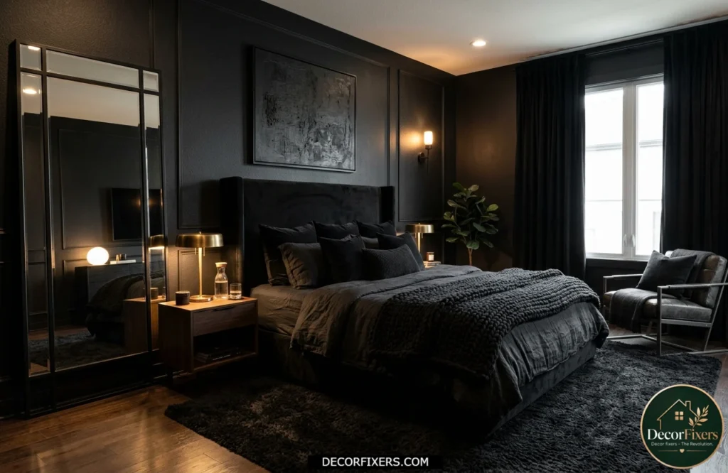 Modern all-black bedroom featuring layered textures, velvet furnishings, and warm lighting