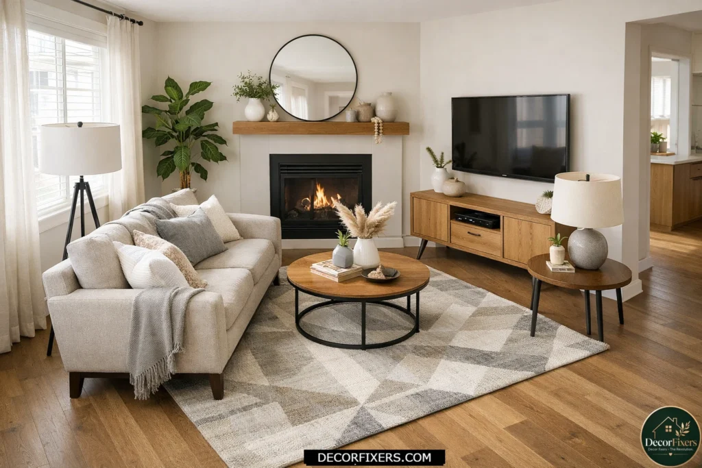 Angled sofa arrangement adding depth and visual interest to a boxy living room