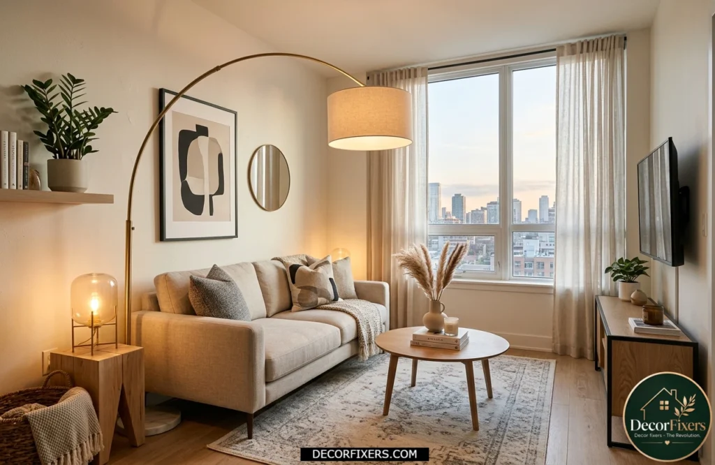 Arc floor lamp providing overhead-style lighting in a compact living room.