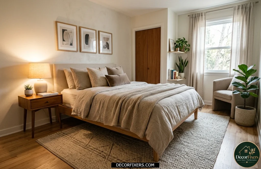 Cozy small bedroom with a textured area rug defining the sleeping area.