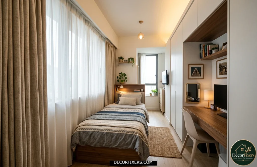 Narrow bedroom with a smart layout that maximizes comfort and walking space.