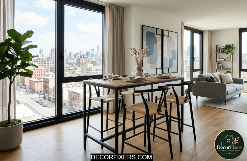 Tiny dining room ideas for apartments featuring a bar-height dining table
