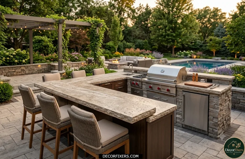 Outdoor kitchen with bar-height seating facing the cooking area