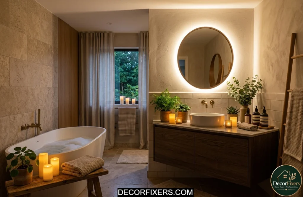 Bathroom greenery and layered lighting creating luxury ambiance