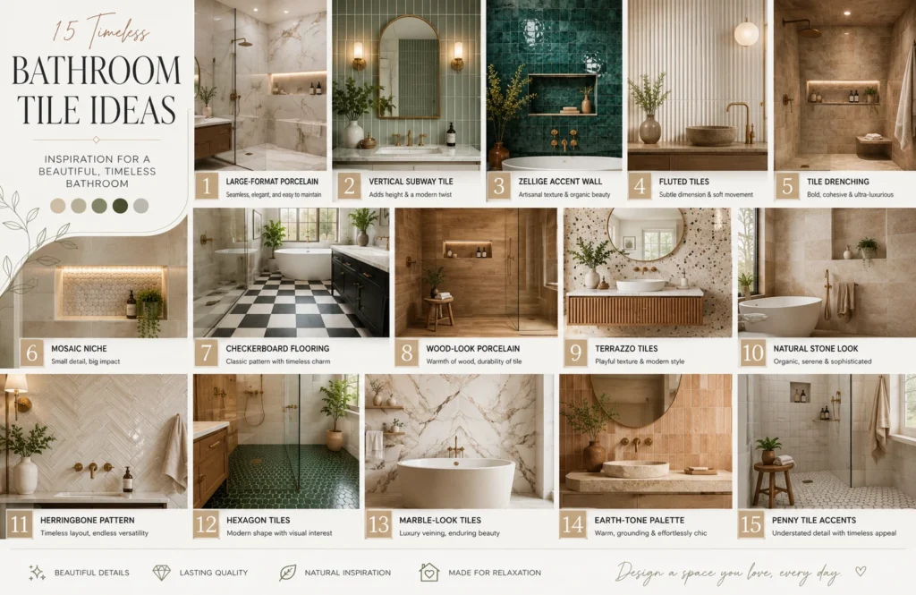 Comparison infographic of 15 bathroom tile ideas by cost style and installation type