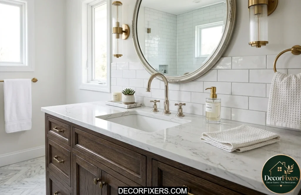 Marble-look bathroom vanity countertop replacement creating a luxury upgrade